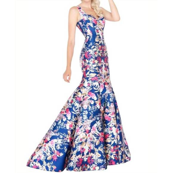 NEW MAC DUGGAL floral mermaid gown in navy blue floral print - Picture 1 of 2
